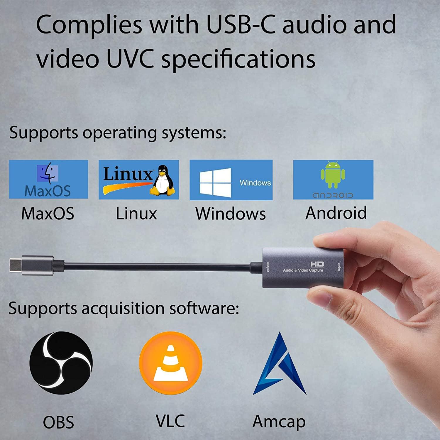 Bild zeigt USB-C-zu-HD-Audio- und Videoaufnahmegerät mit Anschlüssen und Symbolen.