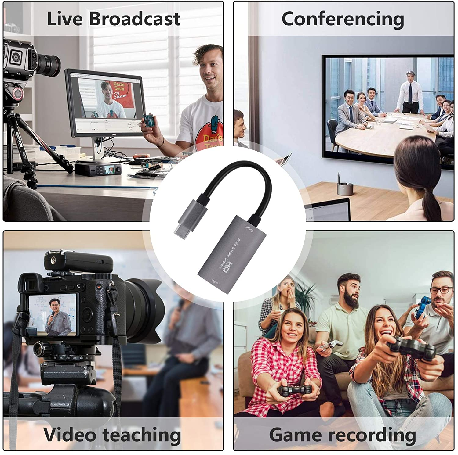Vier Bilder: Live-Übertragung, Konferenzen, Video-Unterricht und Spielaufzeichnung, alle mit Personen.