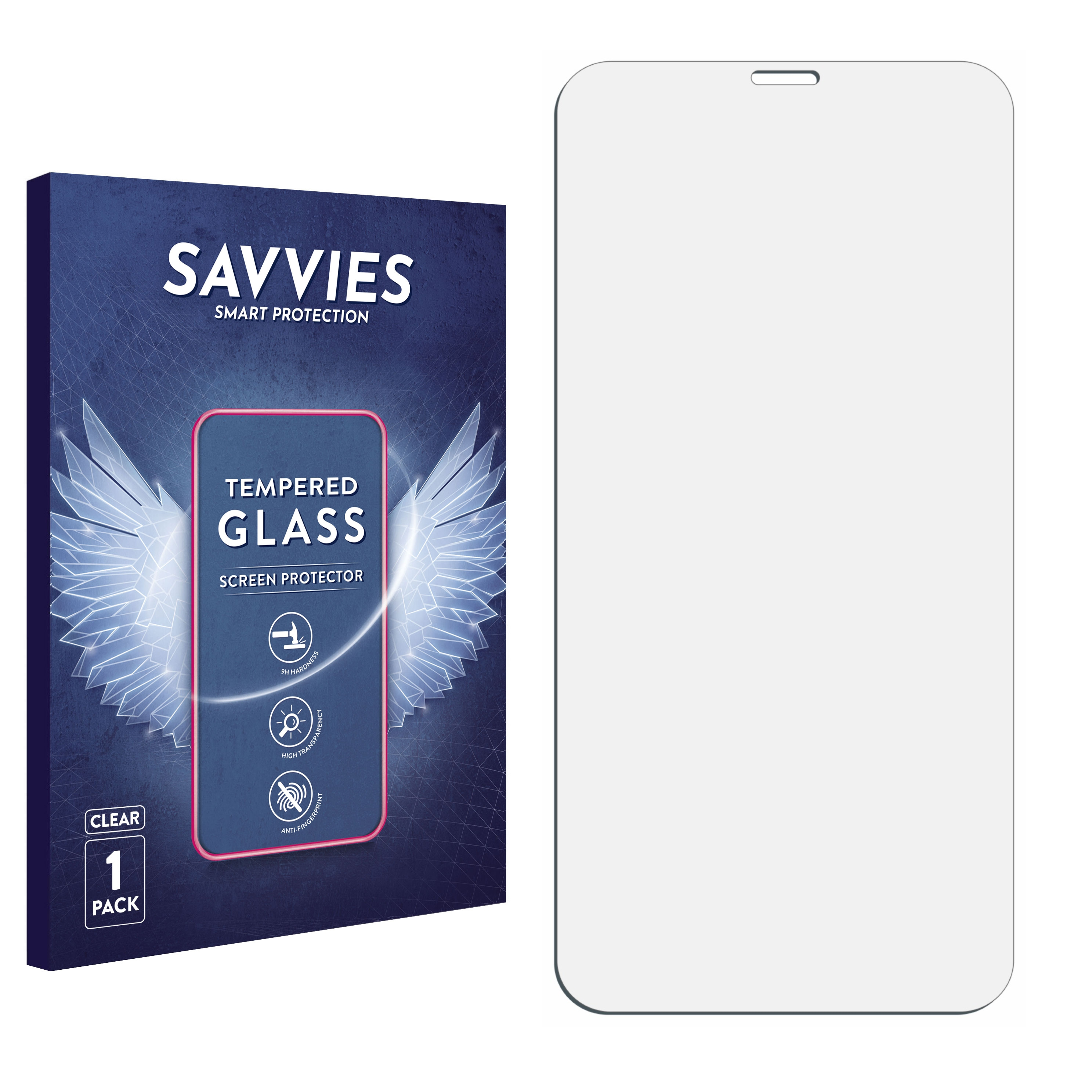 Displayschutzfolienbox und -schutz. Box zeigt Telefon. Klare Schutzfolie daneben.
