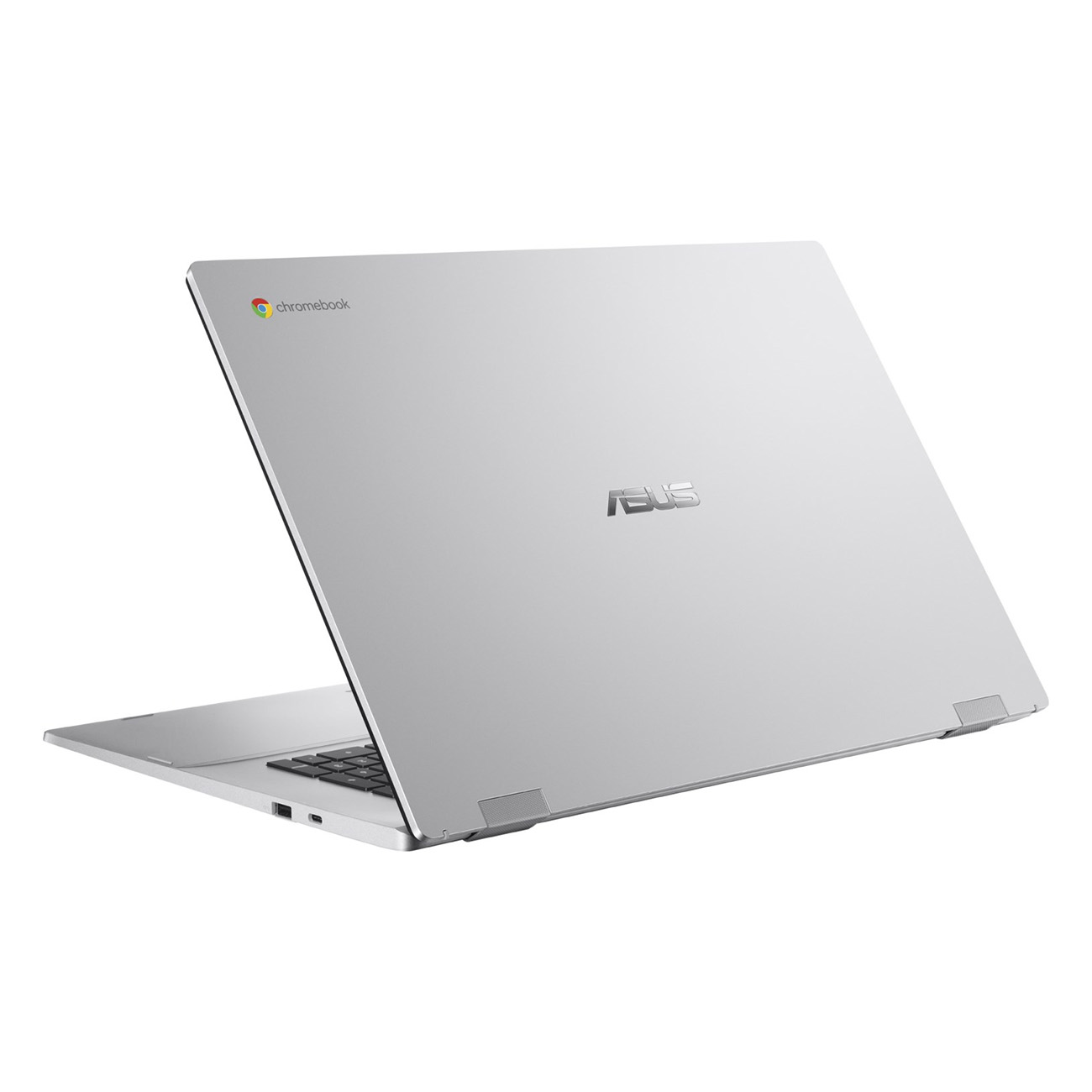 Silbernes ASUS Chromebook Laptop, geöffnet. Die Rückseite ist sichtbar, mit Logo.