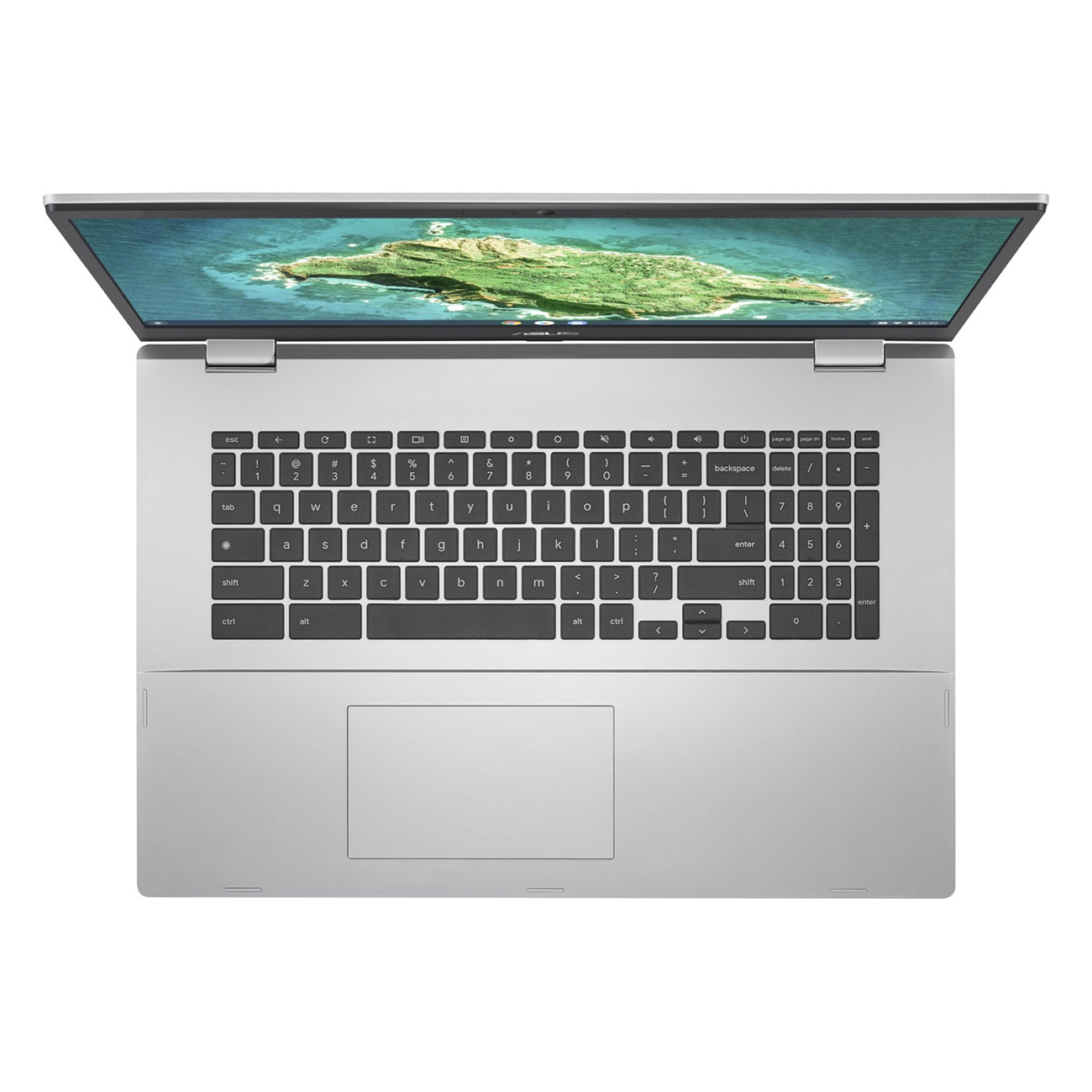Silberner Laptop geöffnet. Der Bildschirm zeigt eine Landschaft. Tastatur und Touchpad sichtbar.