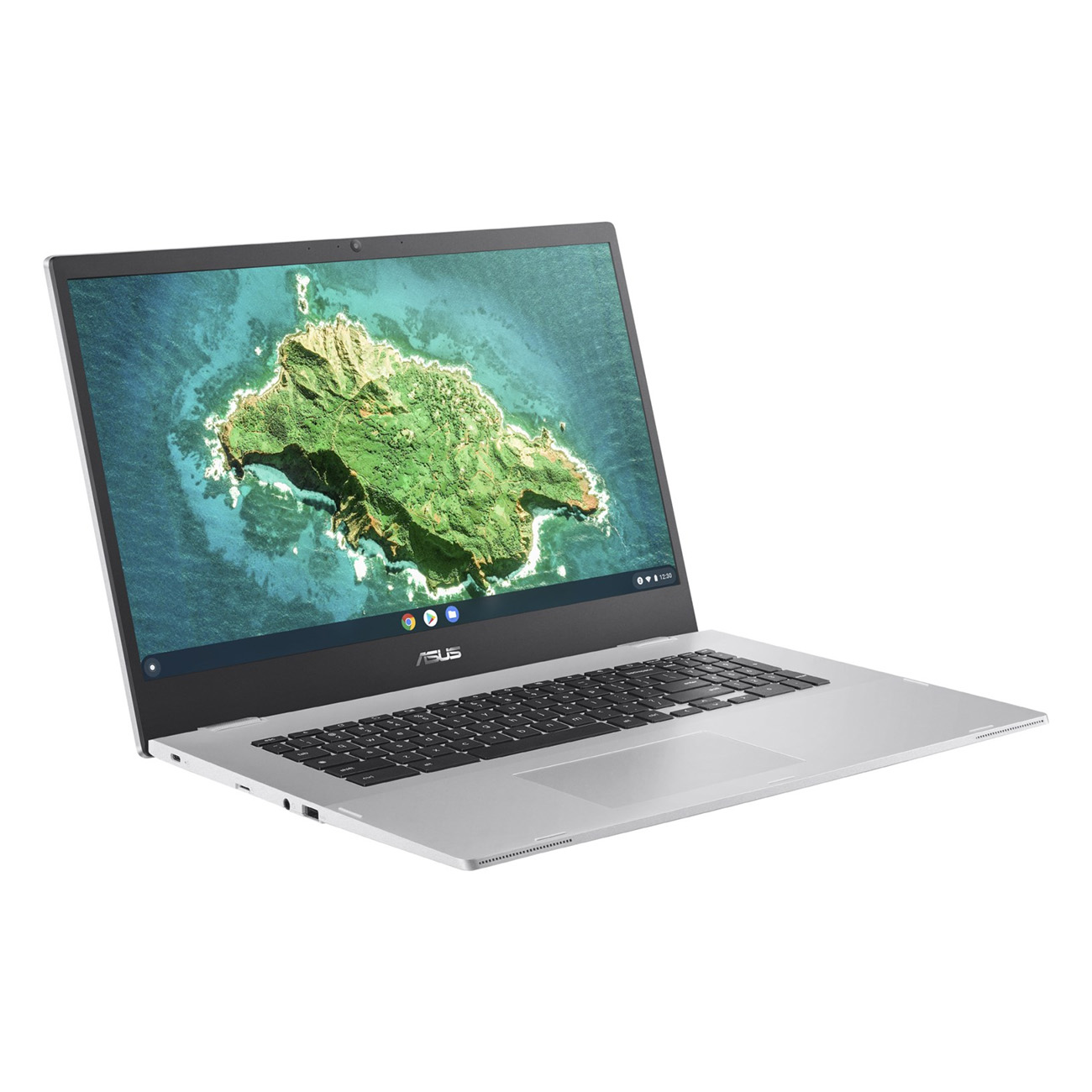 Silberner ASUS Laptop, geöffnet, angewinkelt. Der Bildschirm zeigt eine Inselansicht.