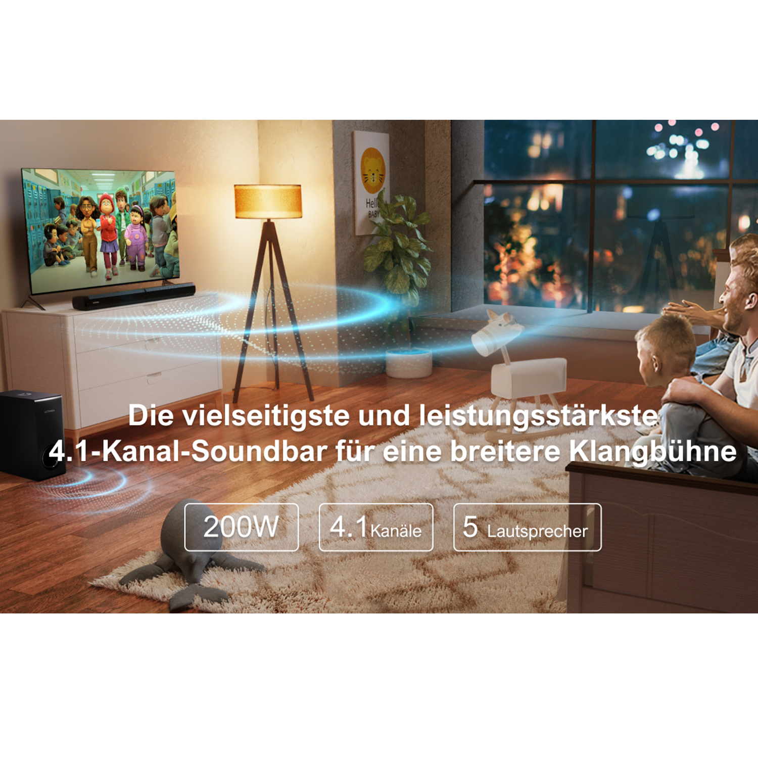 Wohnzimmer mit Fernseher, Soundbar, Subwoofer, Lampe und einer Familie, Text in der Mitte.