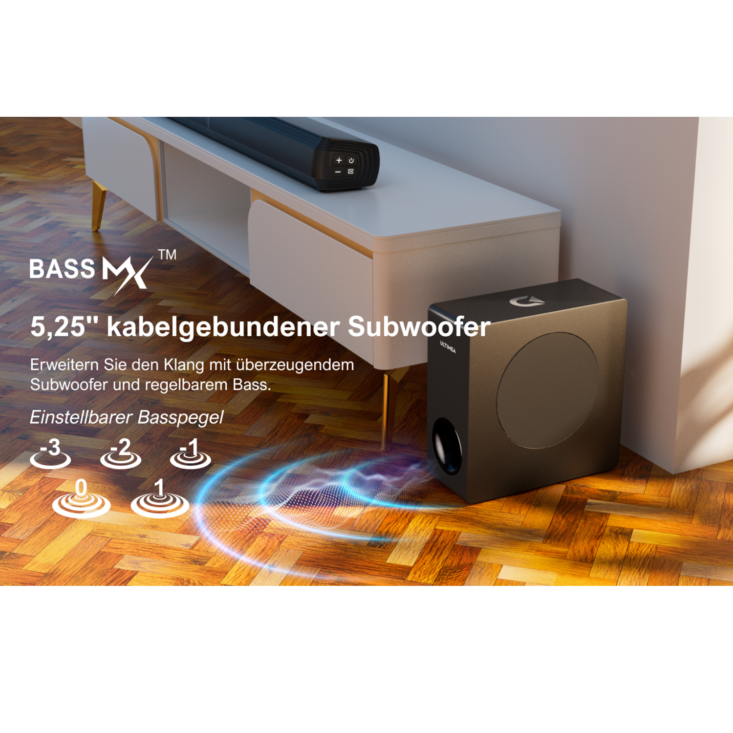 Ein Subwoofer und eine Soundbar auf einem weißen Schrank. Der Subwoofer ist schwarz und die Soundbar ist ebenfalls schwarz.