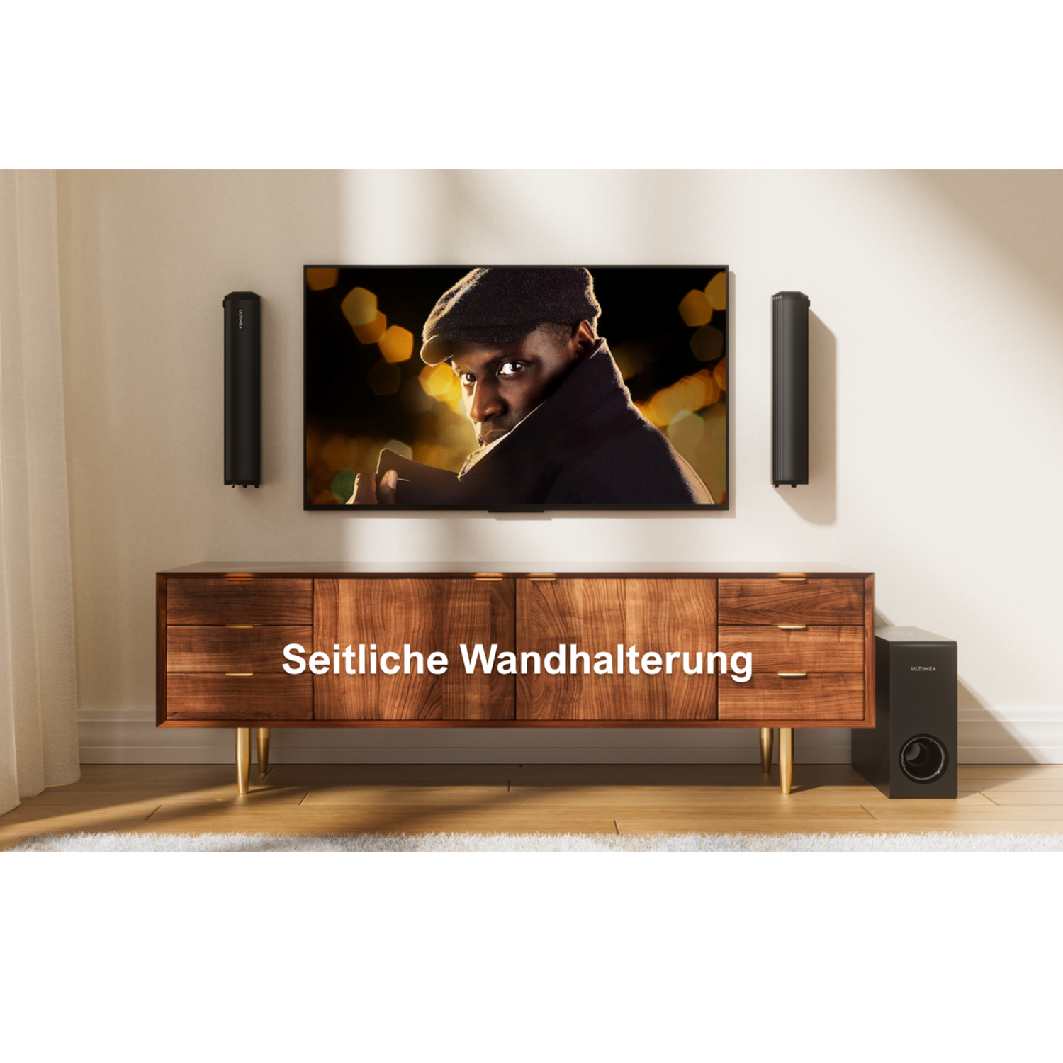 Wohnzimmer-Setup mit Fernseher, Soundbar, Subwoofer und einem Holzschrank.
