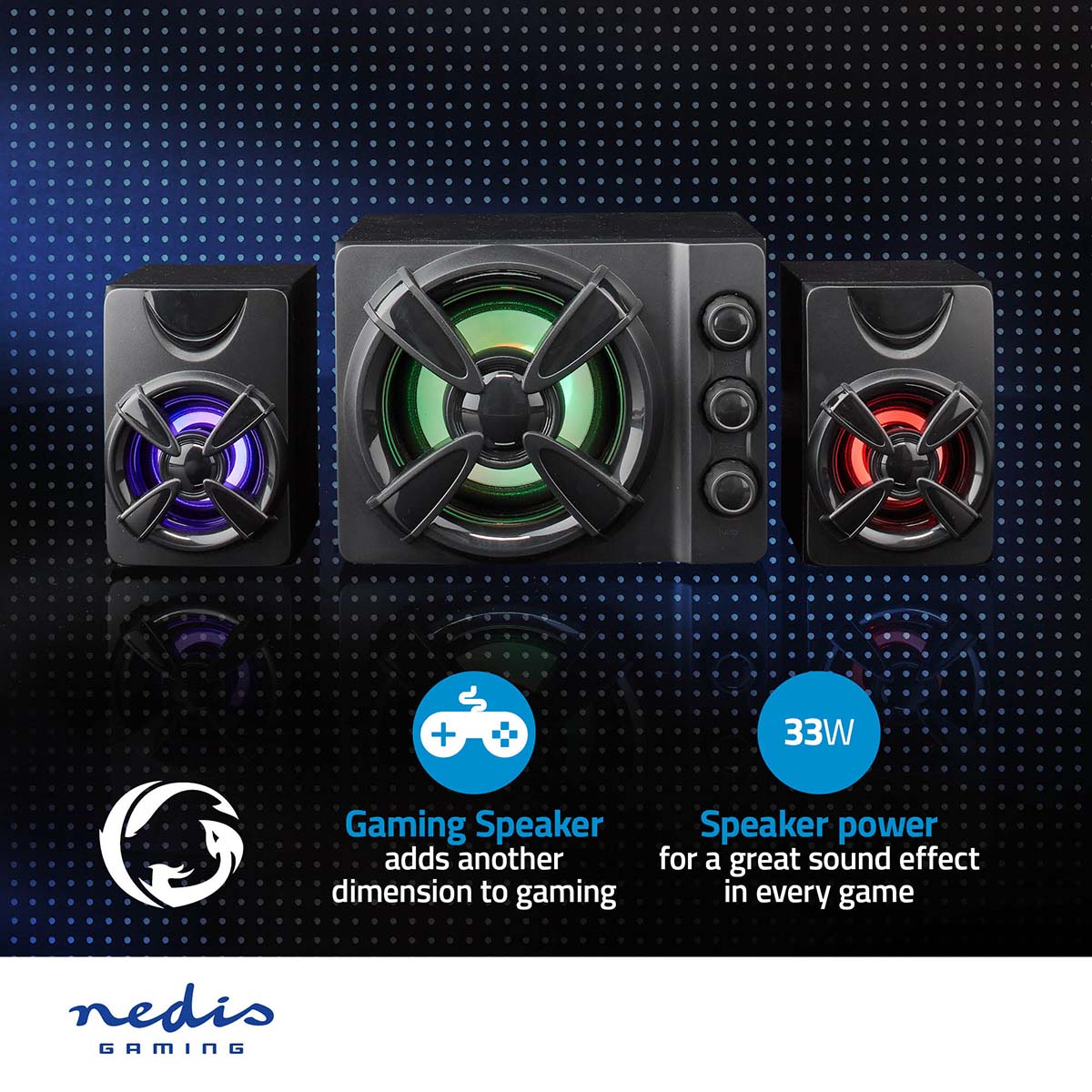 Altavoces gaming con tres partes. El centro es negro, los otros también. Un fondo azul.