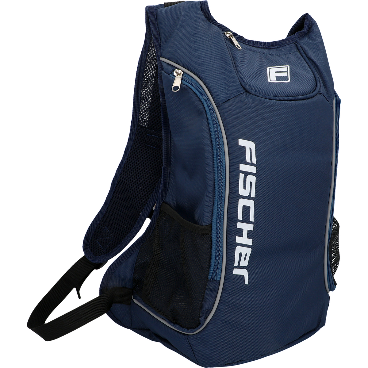Blauer FISCHER-Rucksack mit weißem Text und schwarzen Trägern.