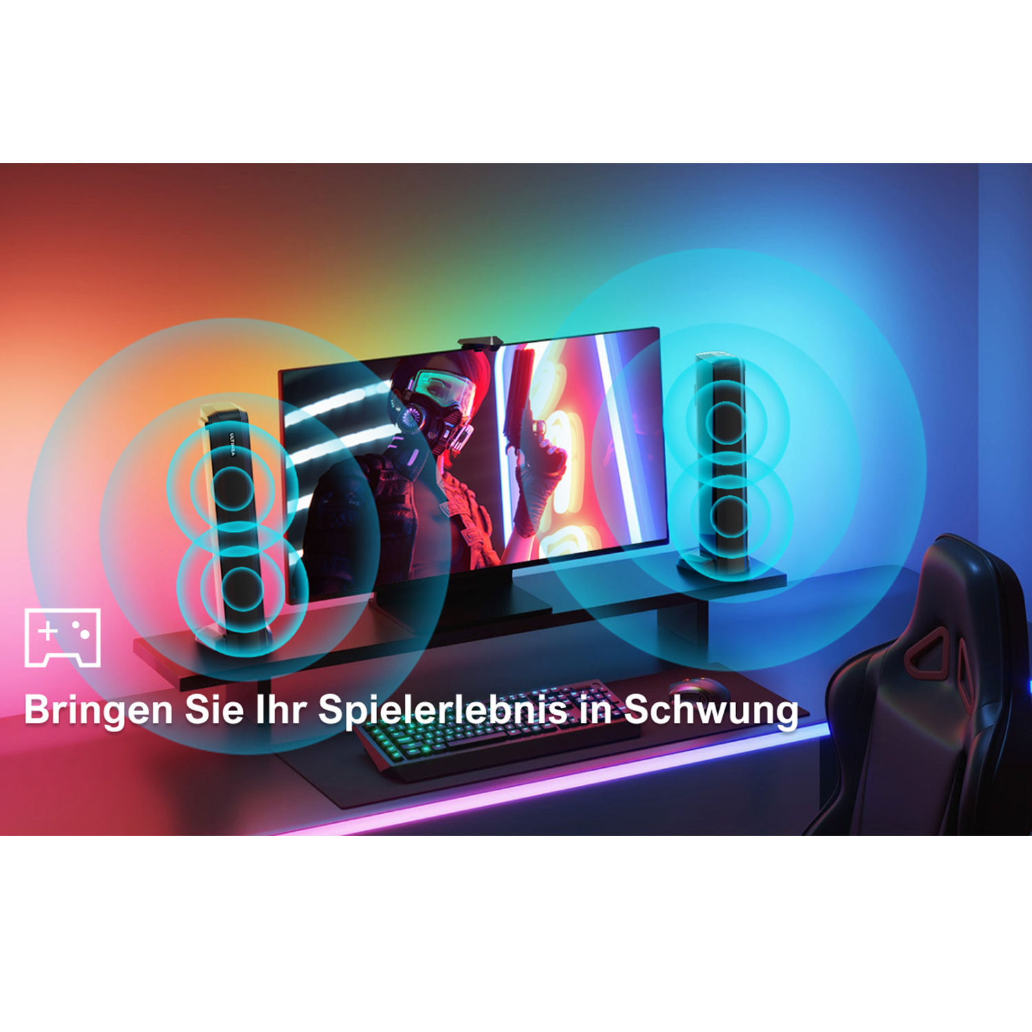 Gaming-Setup mit Monitor, Lautsprechern und einem Gamer mit VR-Headset.