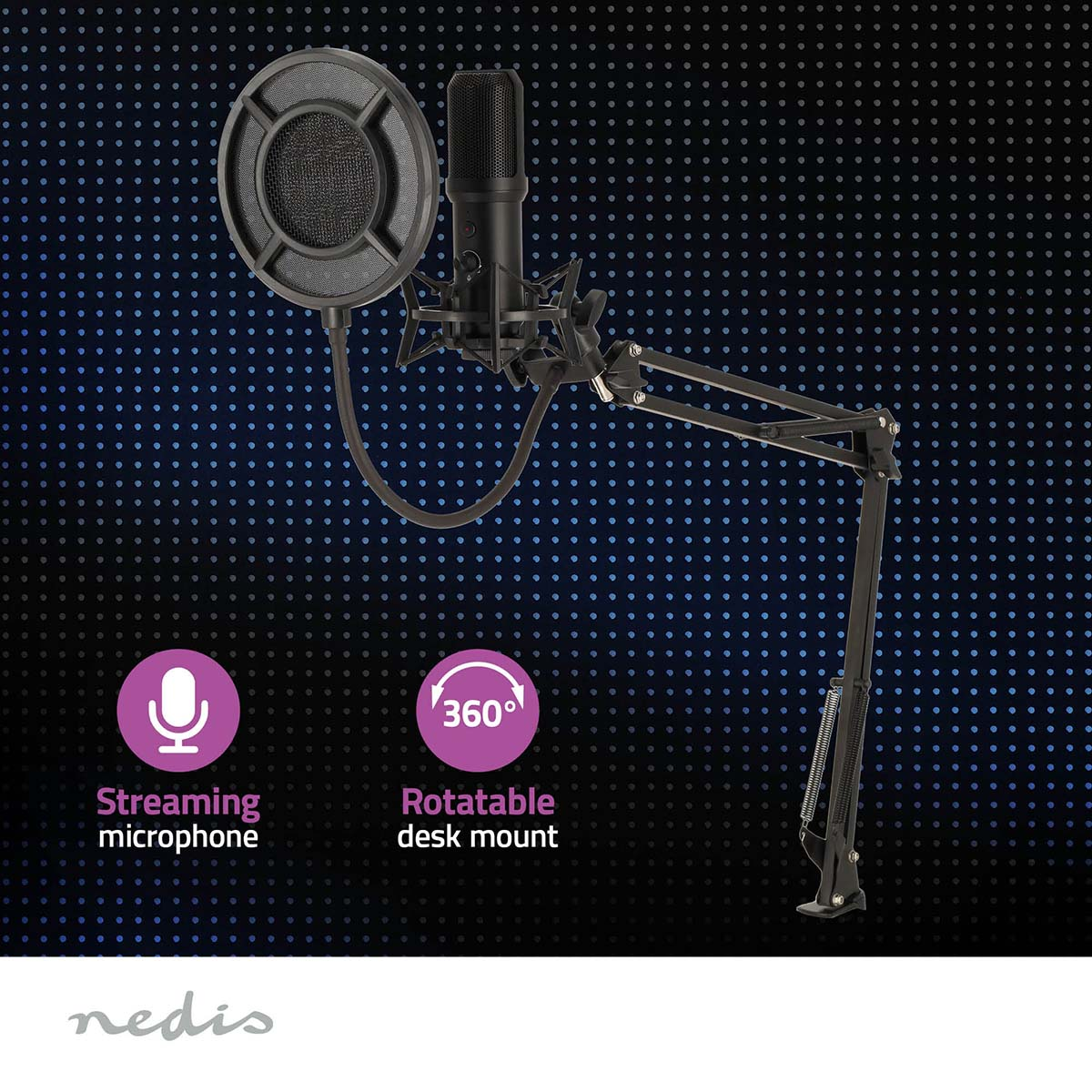 Ein Streaming-Mikrofon mit Schreibtischhalterung. Verfügt über Mikrofon, Pop-Filter und verstellbaren Arm.