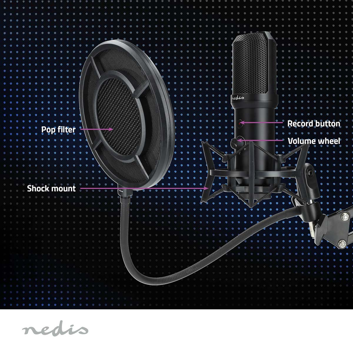 Schwarzes Nedis Mikrofon-Setup mit Pop-Filter, Stoßdämpfer und beschrifteter Aufnahmetaste und Lautstärkerad.