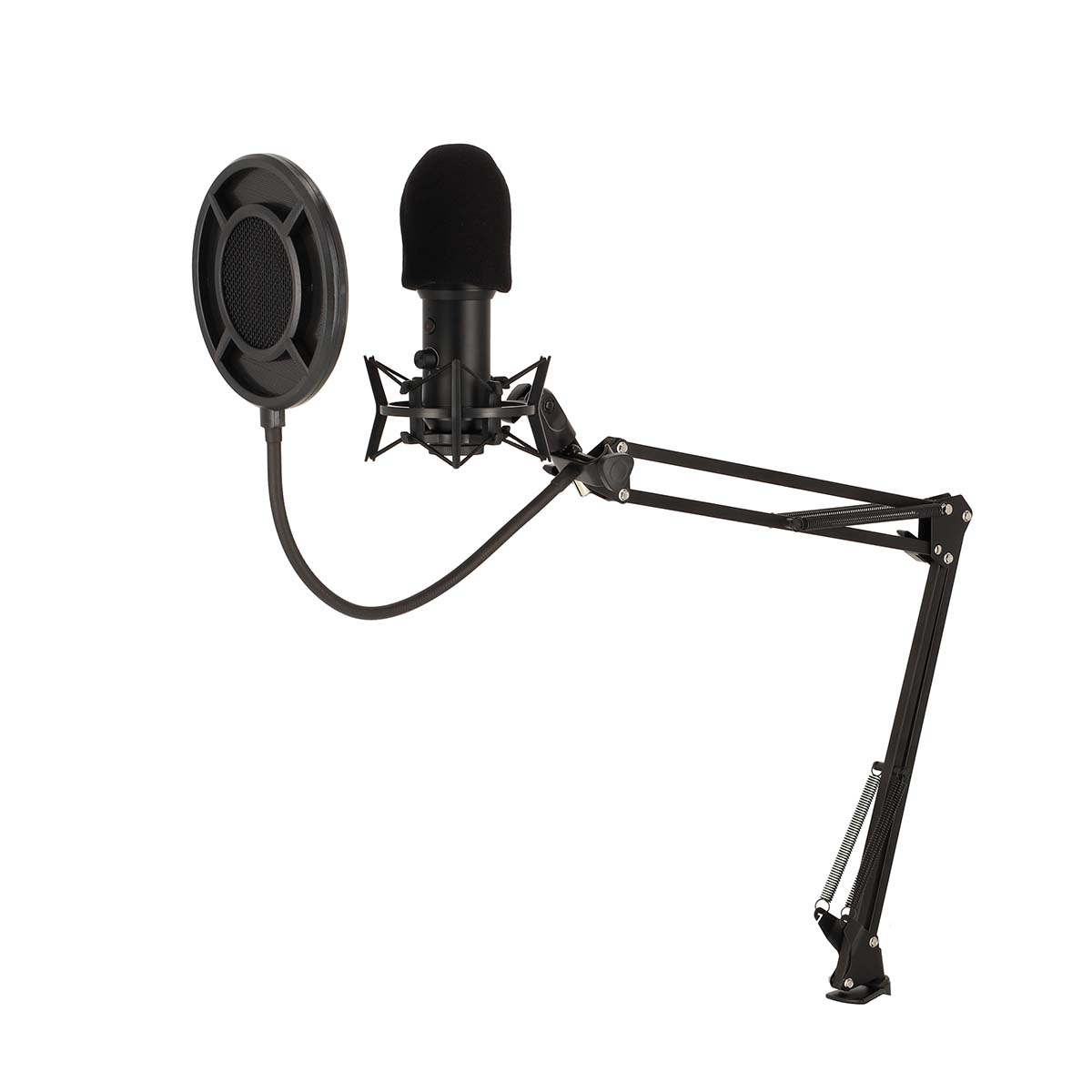 Schwarzes Mikrofon, Pop-Filter und Ständer. Weißer Hintergrund. Das Mikrofon ist an einem flexiblen Arm.