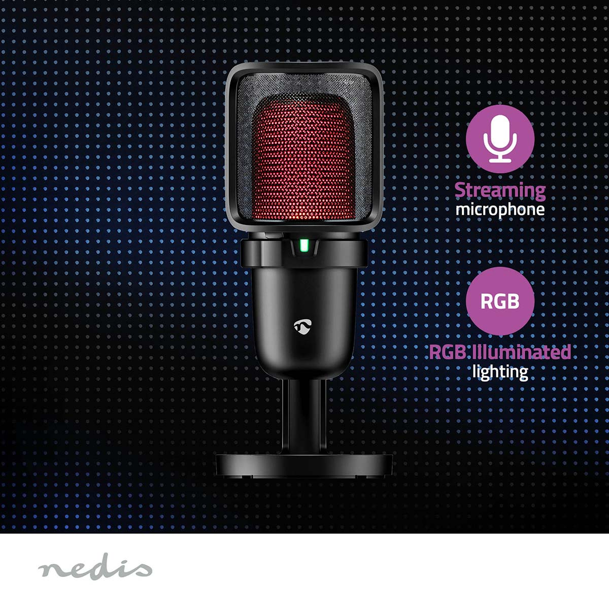 Czarny mikrofon z czerwoną siatką i tekstem: Mikrofon do streamingu. Oświetlenie RGB.