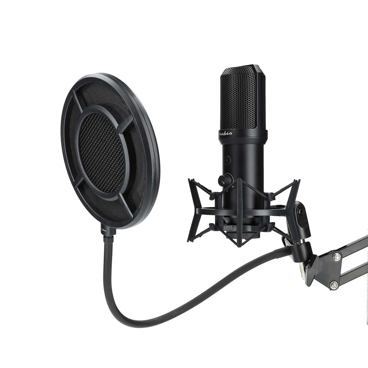 Schwarzes Mikrofon-Setup mit Pop-Filter und Ständer, isoliert auf Weiß.