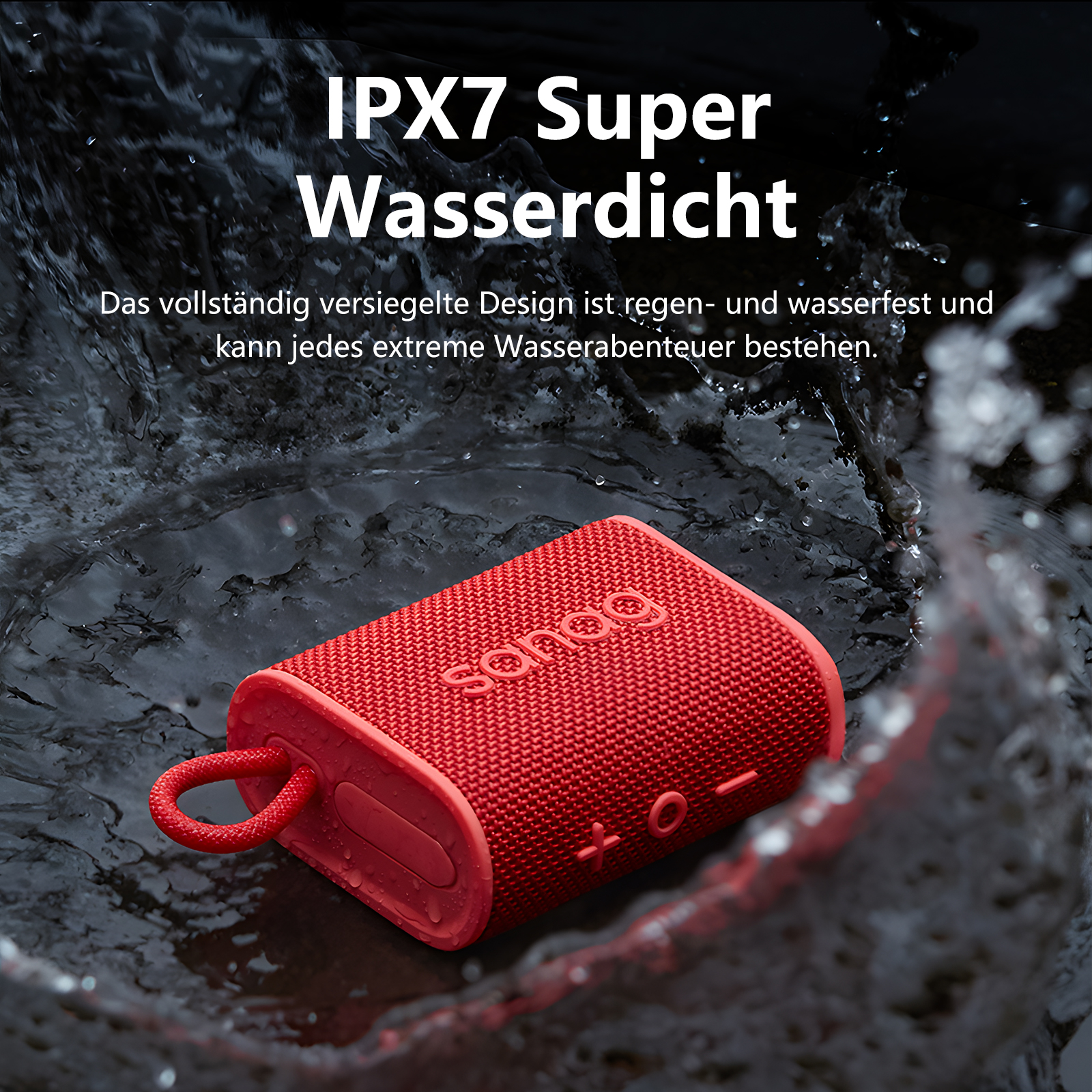 Roter wasserdichter Lautsprecher im Wasser mit Spritzern. Text: IPX7 Super wasserdicht.