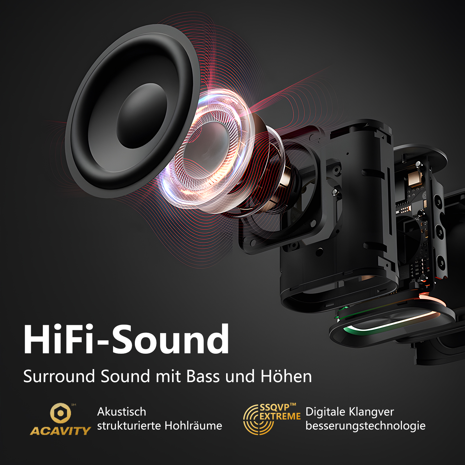 HiFi-Sound-System-Komponenten mit Lautsprecher und sichtbaren Innenteilen, die Akustik und Digitaltechnik zeigen.