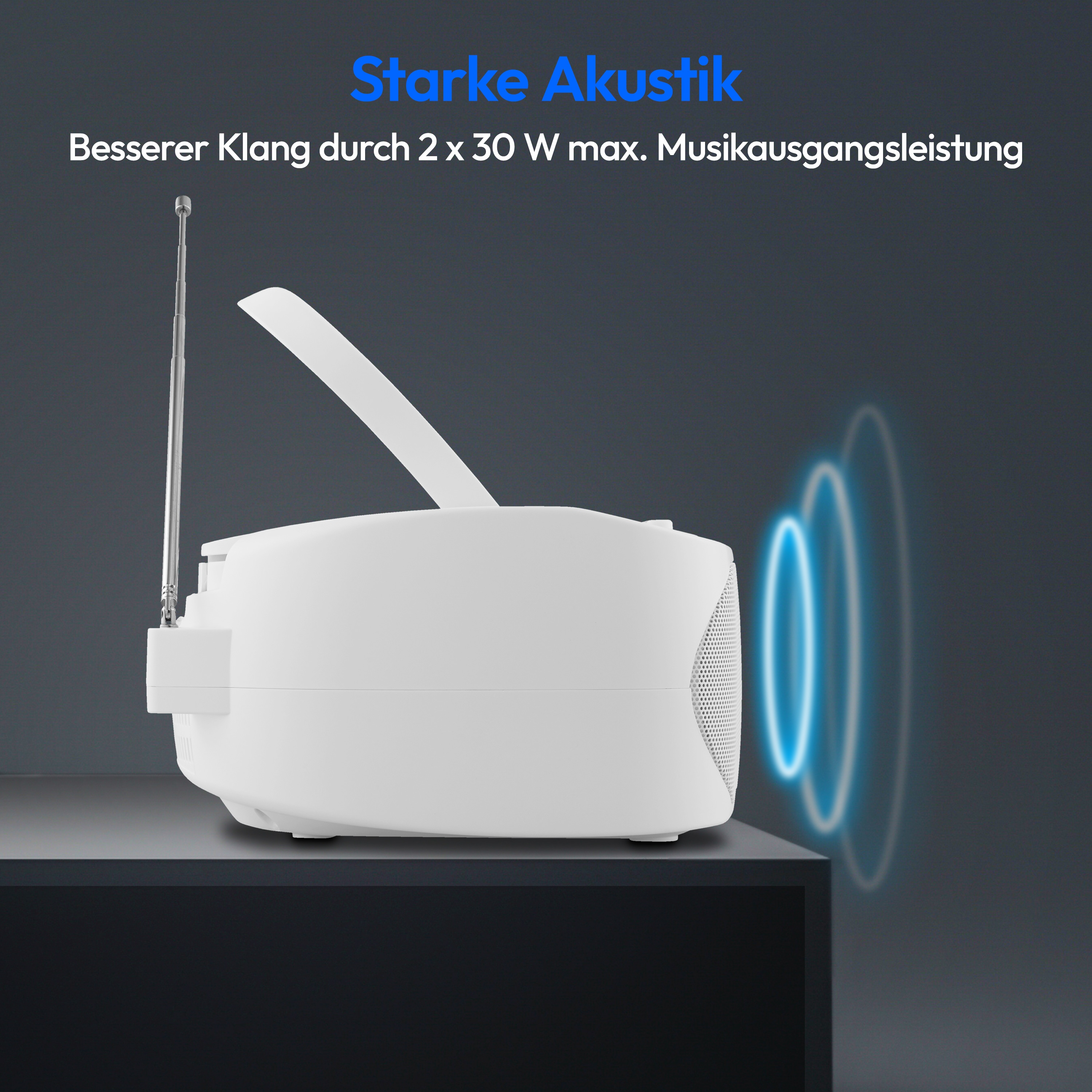 Ein weißer Lautsprecher auf einer schwarzen Oberfläche. Es hat eine Radioantenne und eine blaue Schallwellengrafik.