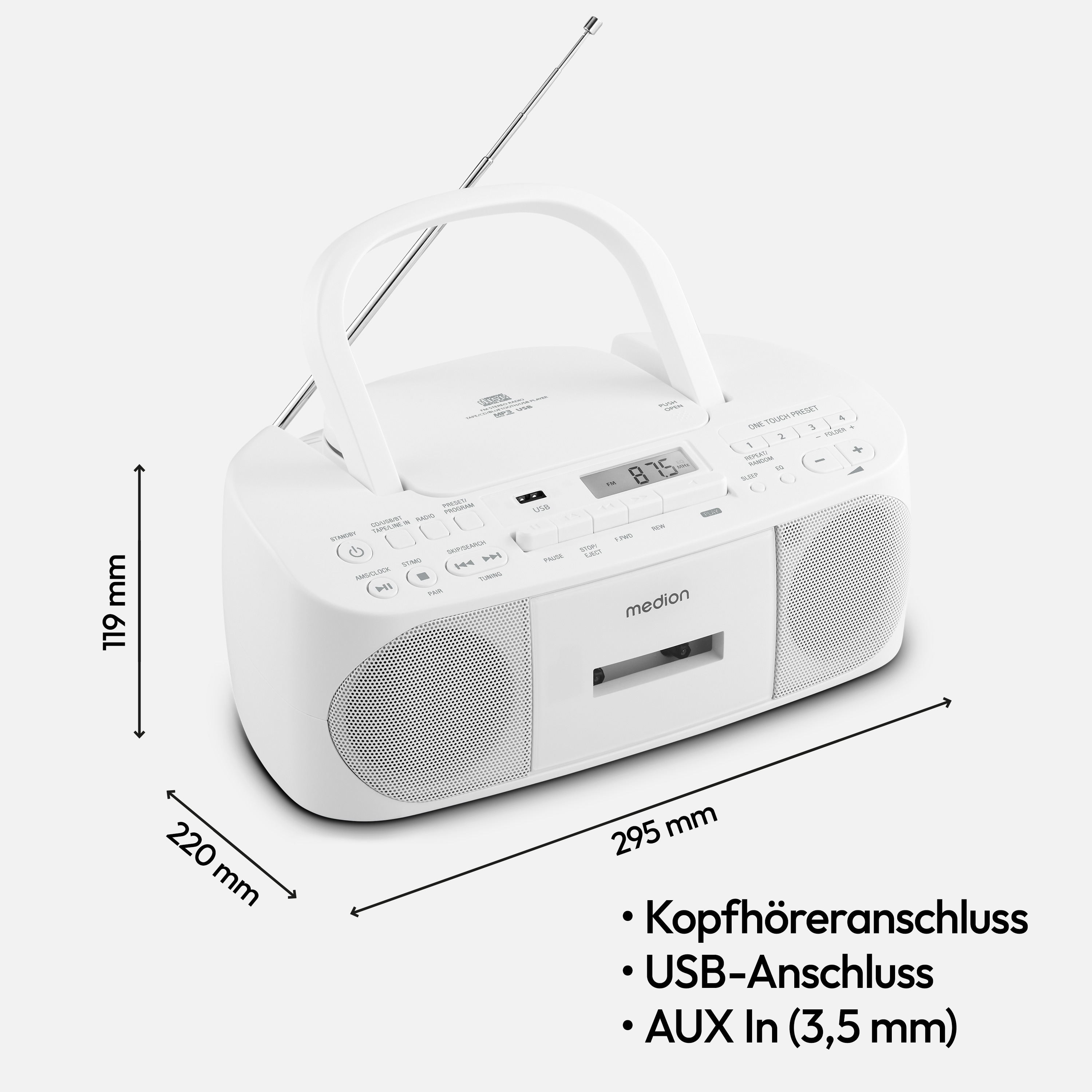 Ein weißes tragbares Radio mit Abmessungen und Funktionen, vor weißem Hintergrund.
