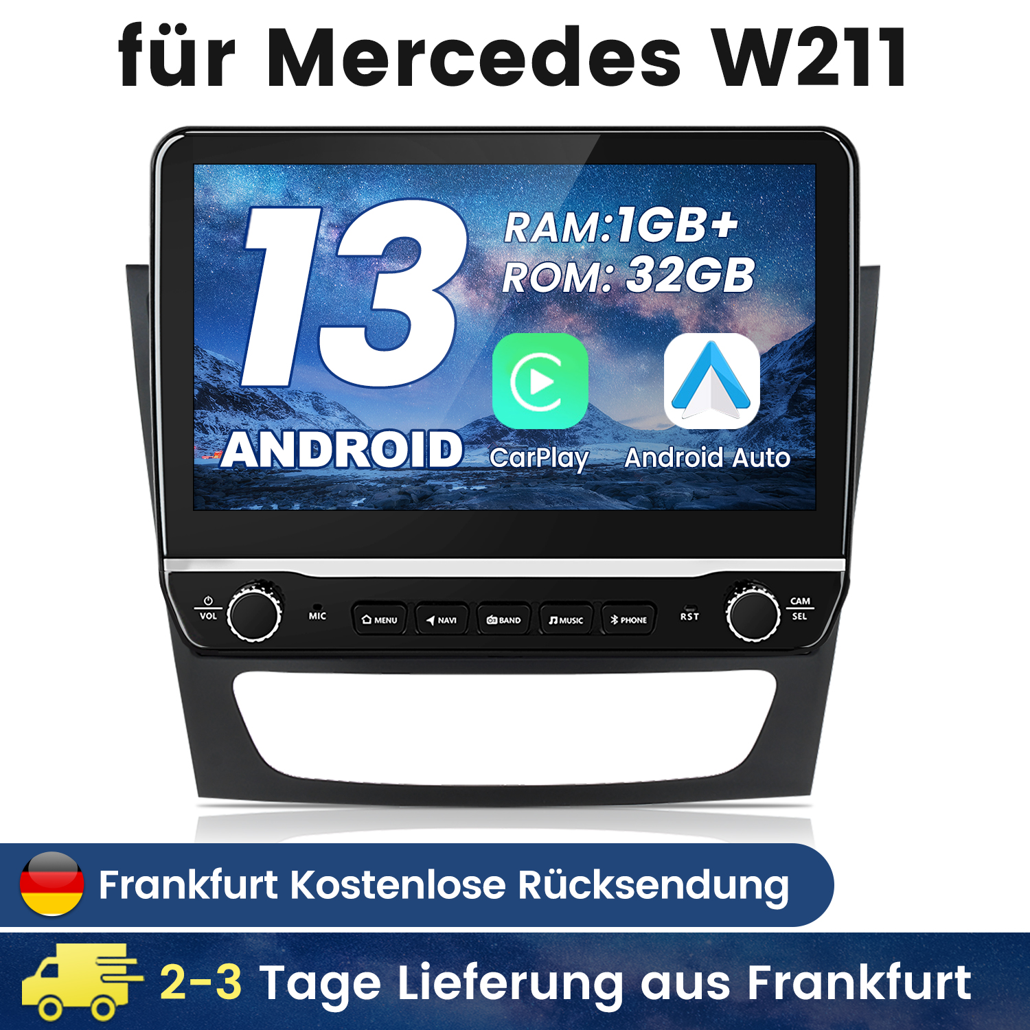 Auto-Multimedia-Bildschirm mit Text und Symbolen, montiert auf einem schwarzen Armaturenbrettteil.