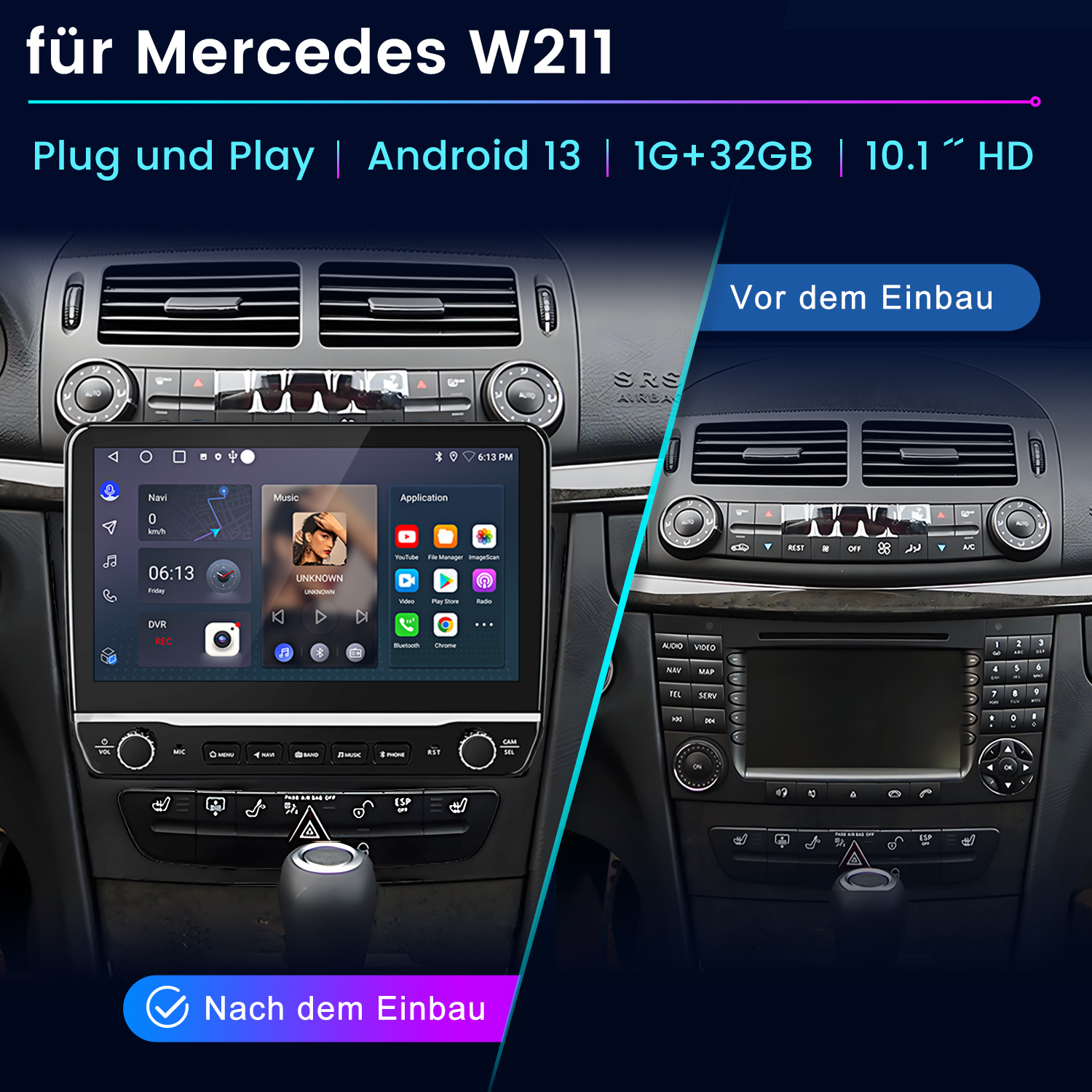 Armaturenbrett des Autos mit Bildschirm, der eine Navigations-App zeigt. Vorher-Nachher-Bilder.