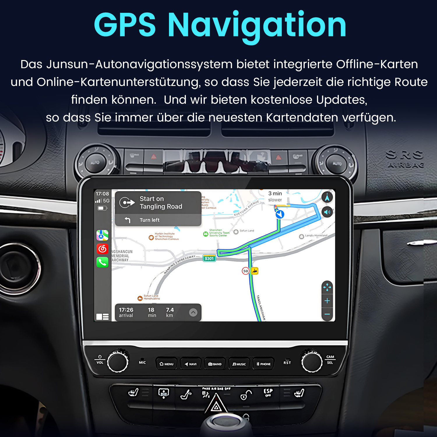 Deska rozdzielcza samochodu pokazująca nawigację GPS z mapą i trasą.