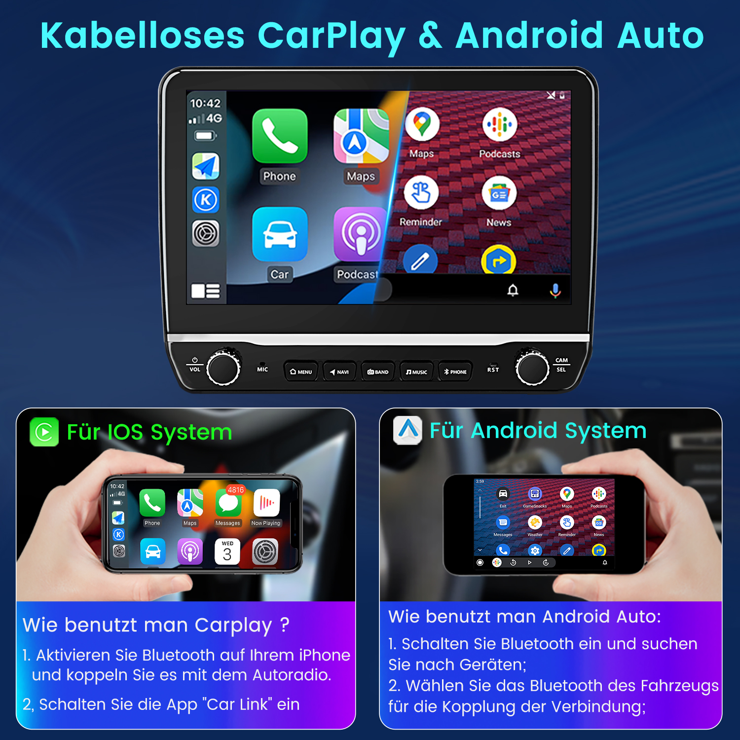 Autoradiobildschirm mit Apps und zwei Handys mit CarPlay- und Android Auto-Anweisungen.