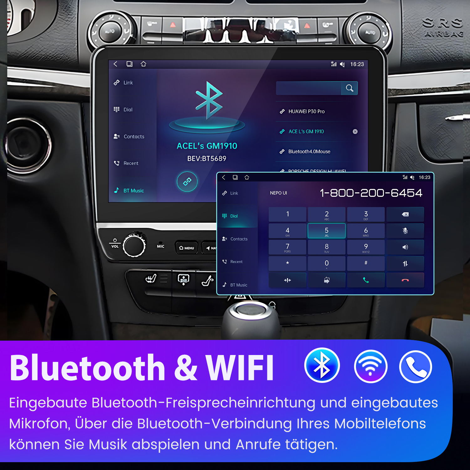 Ekran systemu informacyjno-rozrywkowego w samochodzie wyświetlający Bluetooth i klawiaturę numeryczną.