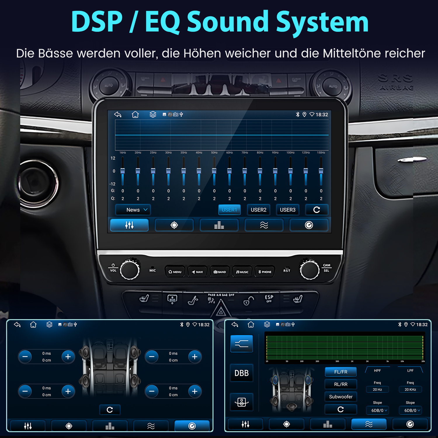 Auto-Bildschirmanzeige mit Sound-System-Einstellungen und anderen Audiosteuerungen.