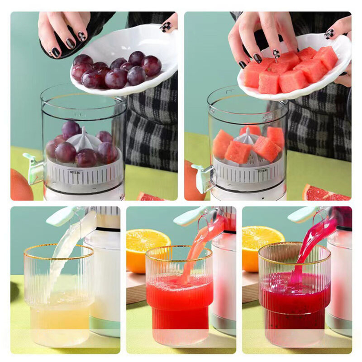 Eine Saftpresse in Aktion, zeigt Trauben und Wassermelone, die in Gläser gepresst werden, mit hellem Hintergrund.