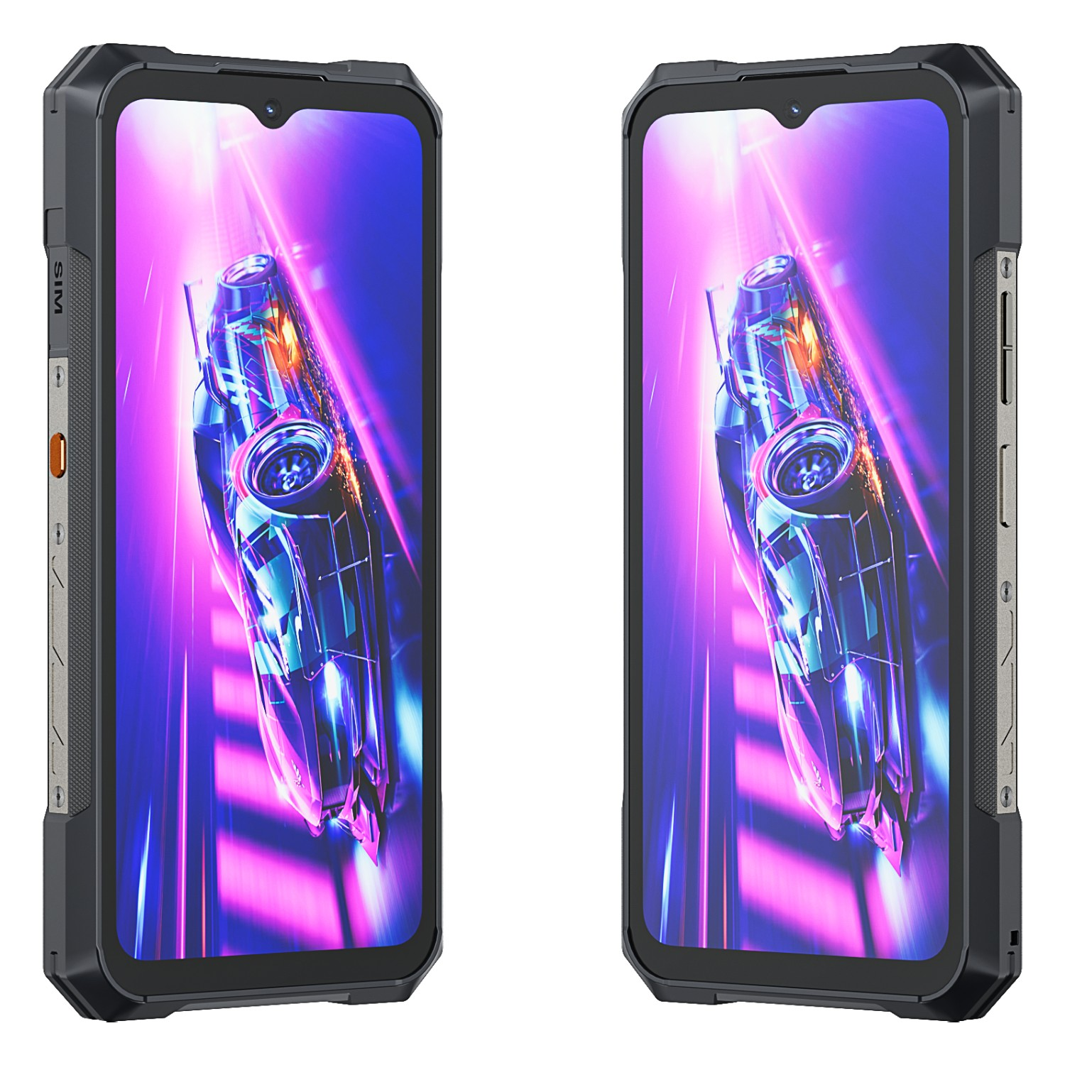 Dwa czarne smartfony na wyświetlaczu, pokazujące futurystyczny design na ekranie. Fioletowe tło.