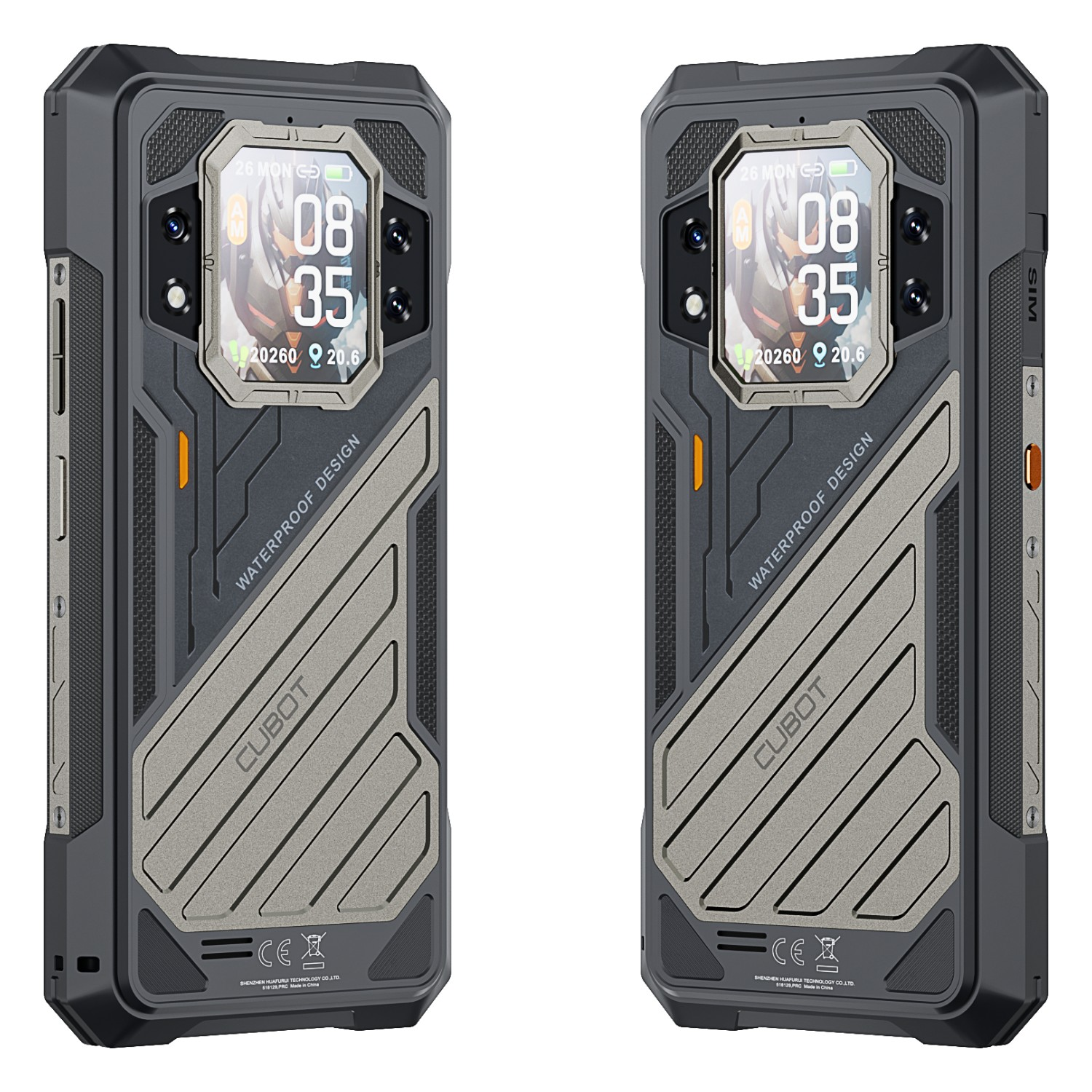 Dwa wytrzymałe smartfony z podwójnymi wyświetlaczami, szaro-czarnym designem i cyfrowym zegarem.