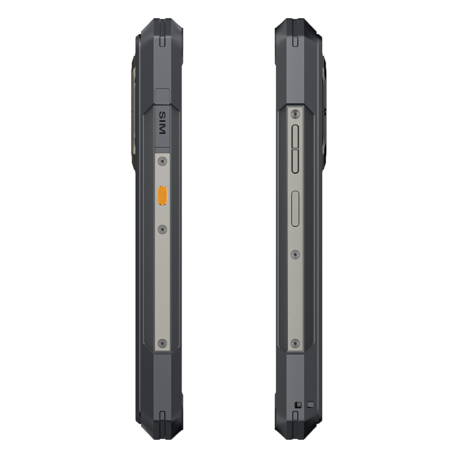 Dwie strony smartfona, czarne i szare, pokazujące przyciski i gniazdo SIM.