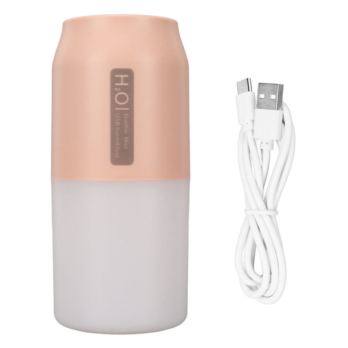 Rosa-weißer Luftbefeuchter in Dosenform. USB-Kabel vorhanden. Wasserstand und Text sichtbar.