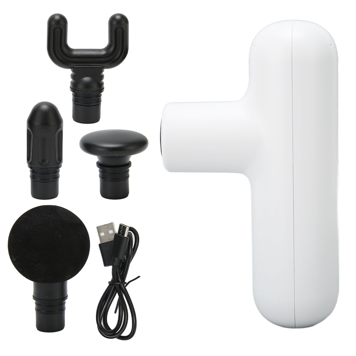 Eine weiße Massagepistole mit abnehmbaren Köpfen und einem USB-Kabel.
