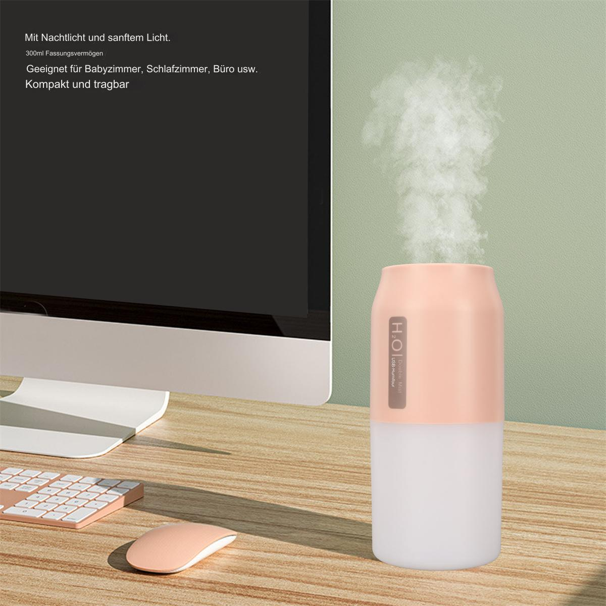 Ein rosa-weißer Luftbefeuchter auf einem Schreibtisch mit Monitor und Maus.