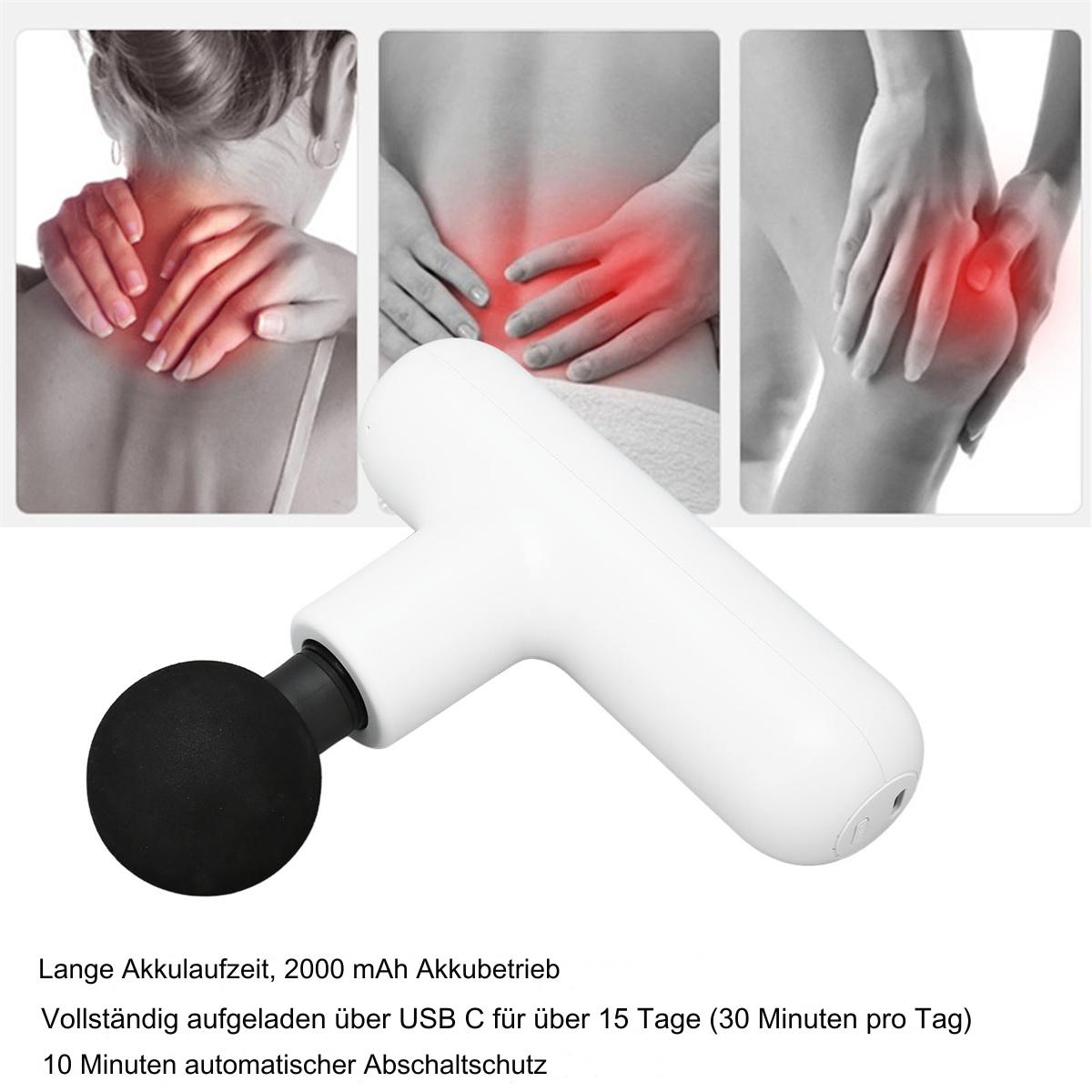Massagepistole und Abbildungen von Körperteilen. Text erwähnt: lange Akkulaufzeit, Aufladung per USB-C.
