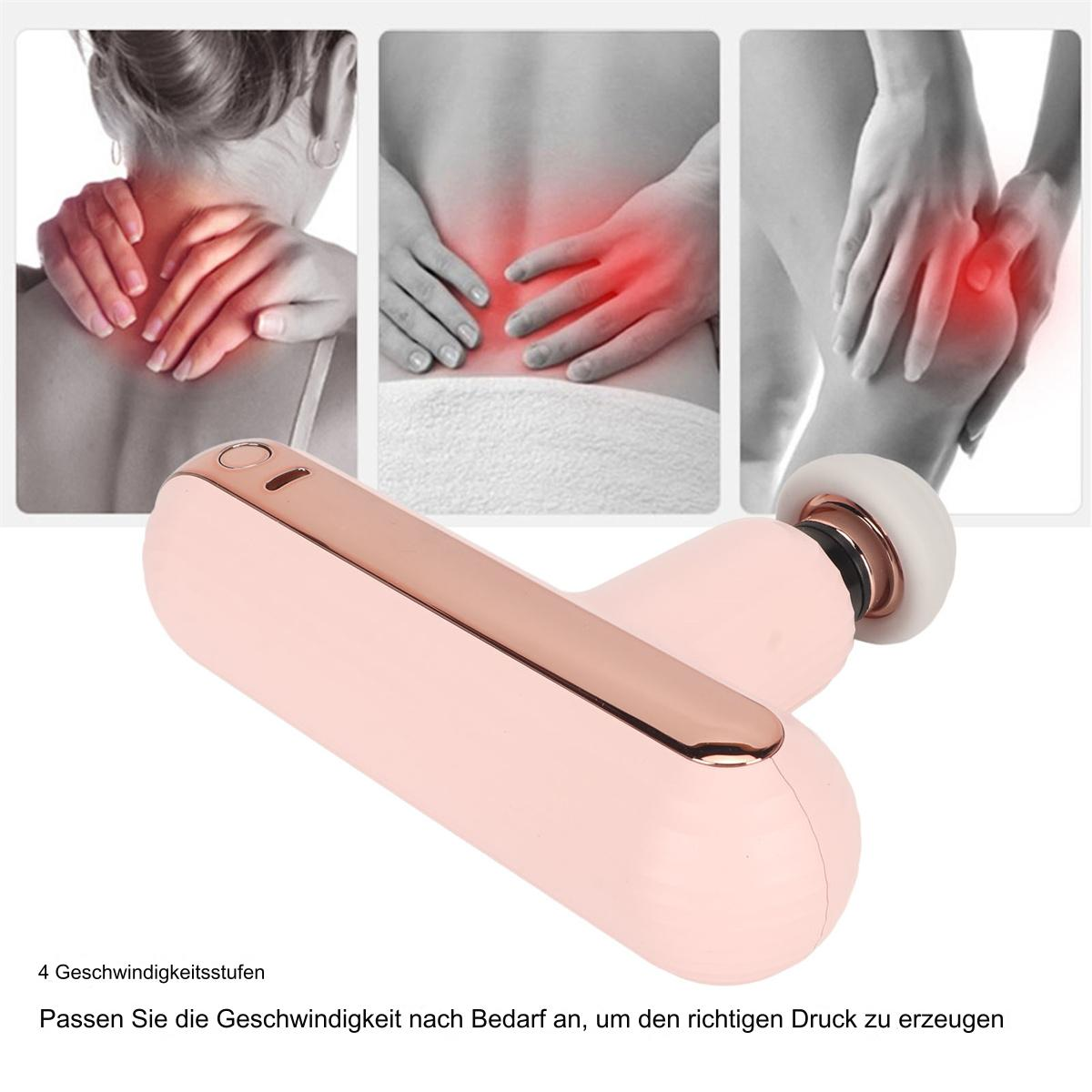 Rosa Massagegerät mit drei Bildern von Schmerzbereichen: Nacken, Rücken und Knie.