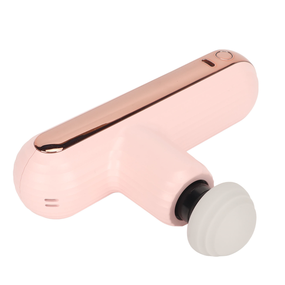 Eine rosa Massagepistole mit roségoldener Spitze, vor weißem Hintergrund.