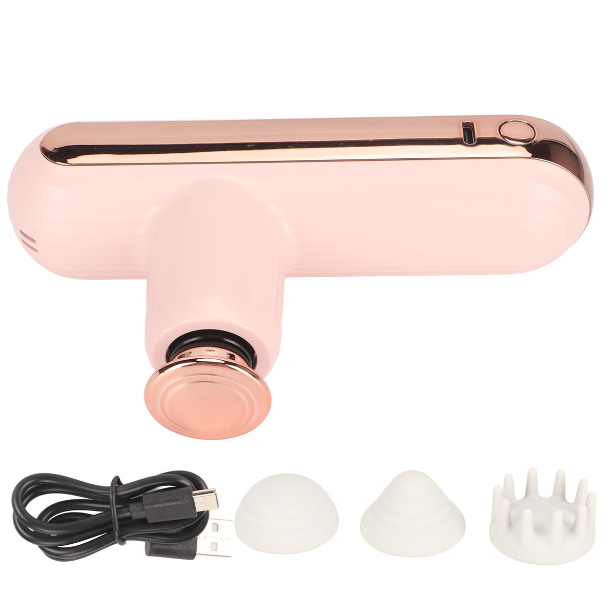 Pinke Massagepistole mit Ladekabel und Aufsätzen, weißer Hintergrund.