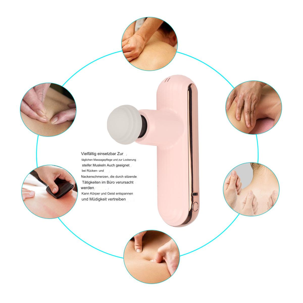 Rosa Massagegerät mit Diagrammen, die verschiedene Massagetechniken am Körper zeigen.