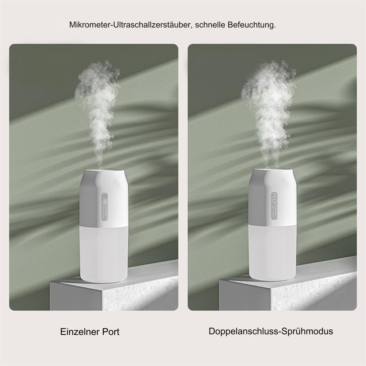 Zwei Bilder zeigen einen Luftbefeuchter mit Nebel, Text auf Deutsch. Ein Port und Dual-Sprühmodus.