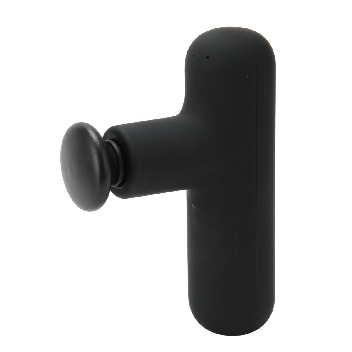 Eine schwarze Massagepistole auf weißem Hintergrund. Sie hat die Form eines T.