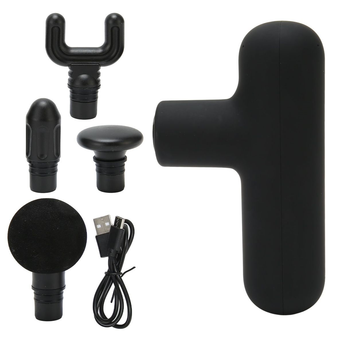 Schwarze Massagepistole mit austauschbaren Köpfen und einem USB-Kabel. Die Pistole hat die Form eines T.