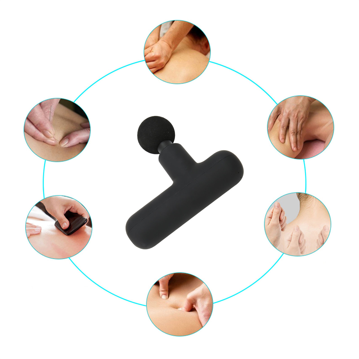 Eine schwarze Massagepistole mit Kreisen darum, die Anwendungen am Körper zeigen.