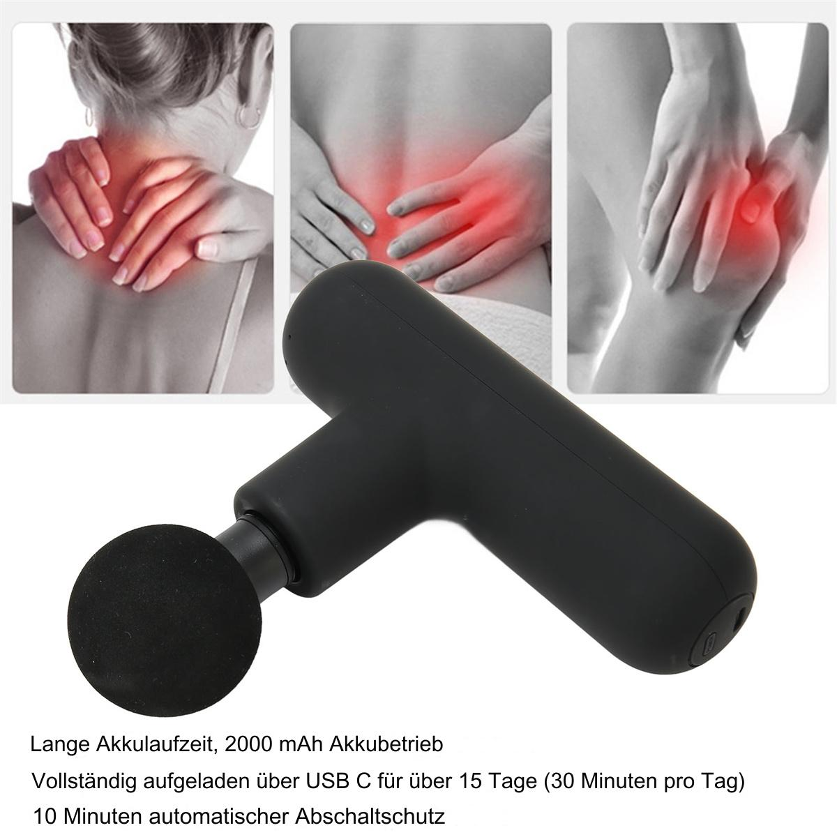 Schwarze Massagepistole mit roten Schmerzindikatoren auf Körperteilen.