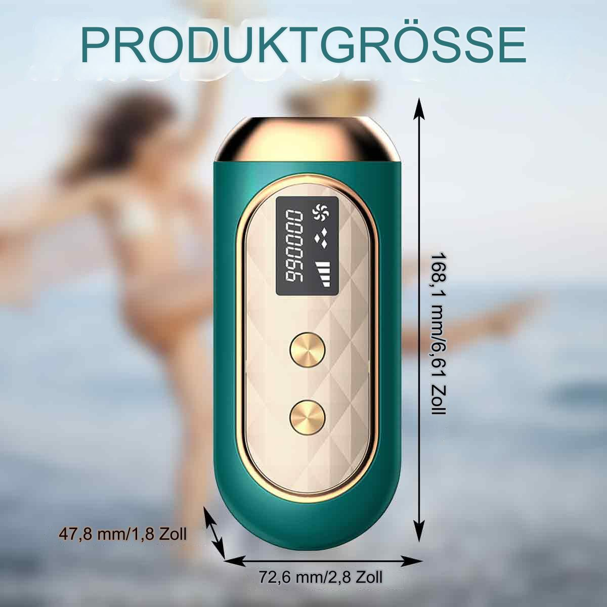 Türkis-goldenes elektronisches Gerät mit Bildschirm, Knöpfen und Maßangaben.