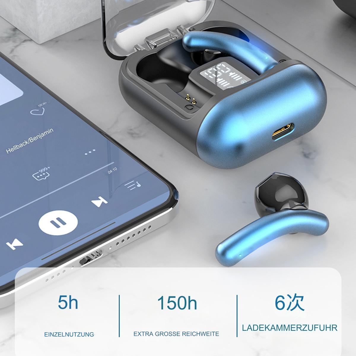 Blaue Ohrhörer und Ladeetui neben einem Smartphone. Das Etui hat eine Digitalanzeige. Das Telefon zeigt Musik an.