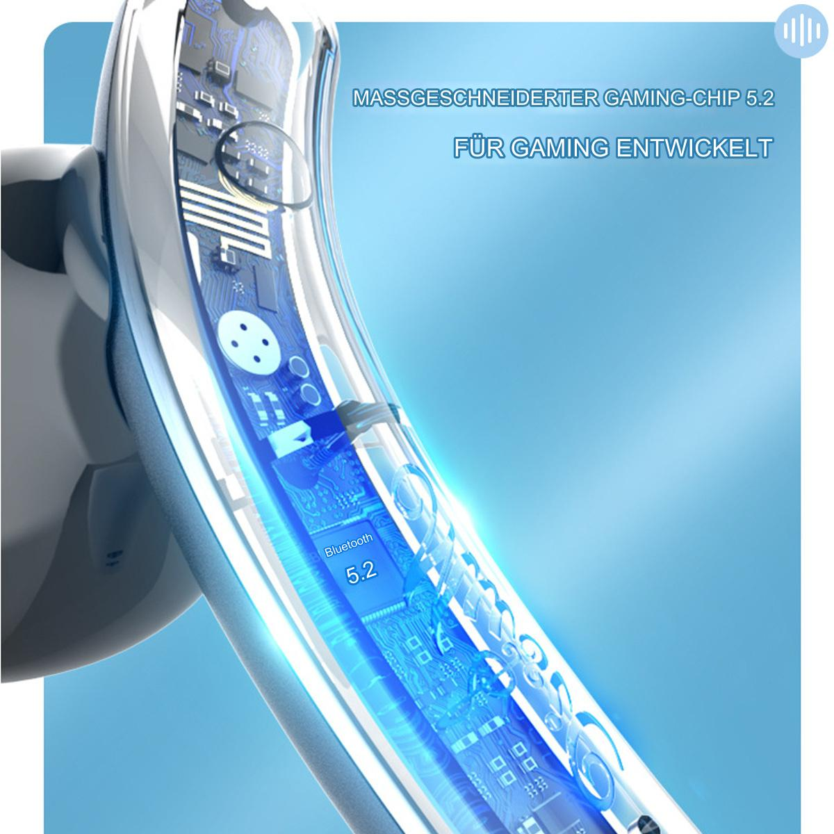 Ohrhörer, Nahaufnahme. Blau und weiß, mit Leiterplattendetails.