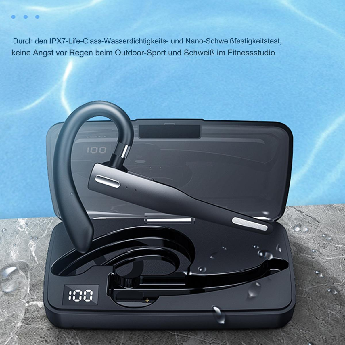 Kabelloses Headset und Ladeetui. Schwarze Farbe. Wasserumgebung im Hintergrund.