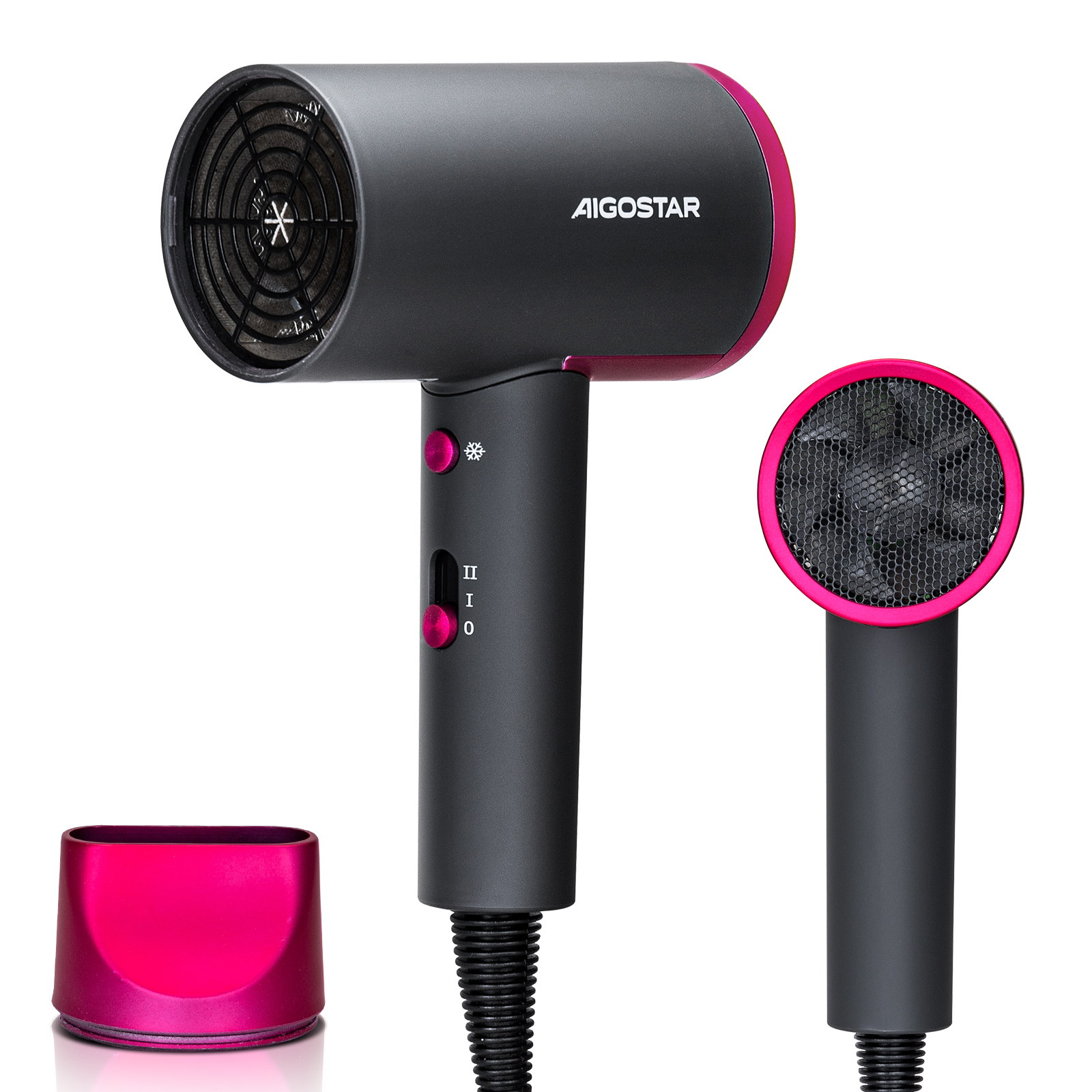 Asciugacapelli nero e rosa con accessori. È su sfondo bianco.