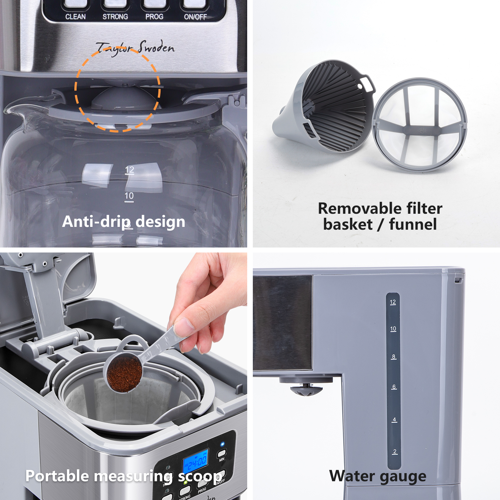 Primi piani di una macchina da caffè. Include design antigoccia, cestello filtro e indicatore dell'acqua.